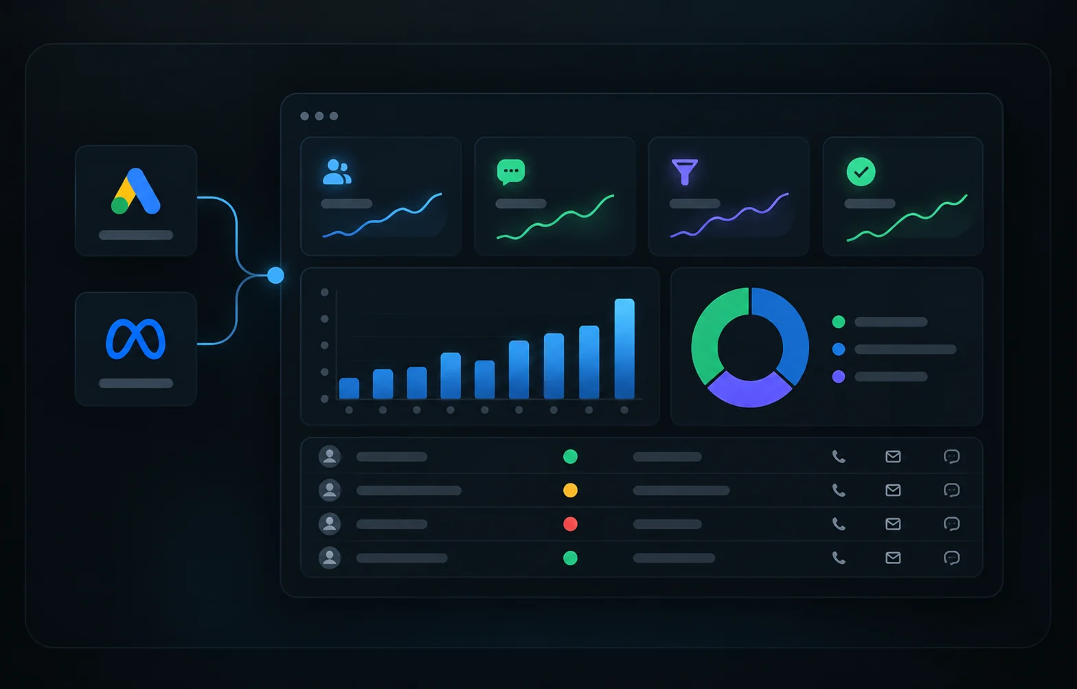 Marketing performance dashboard connects Google Ads and Meta Ads with CRM lead tracking and reporting