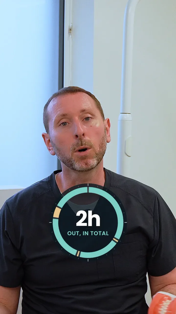 James presenting an aligner model with a timing graphic in the finished video